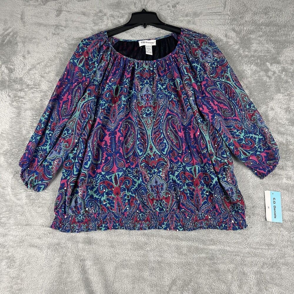 NWT C.D. Daniels Blouse‎ Top Plus Size 2X Bright Colorful Paisley Sequins Artsy